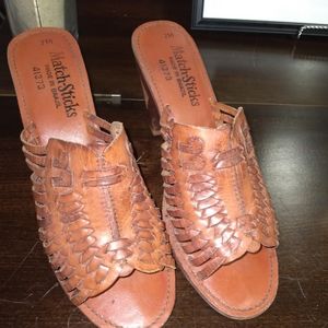 VINTAGE Match-Sticks wooden shoes with woven leather heeled sandals